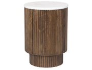 Reyna round accent table with white marble top and walnut finish mango wood reeded pedestal base